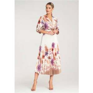 Rochie midi florala - alba cu curea - satin - eleganta - pentru ocazii speciale - imagine