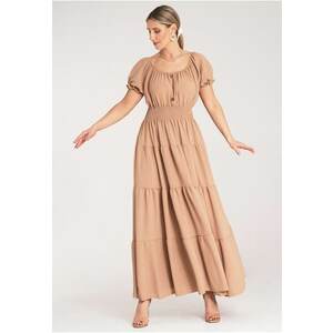 Rochie maxi bej - cu volane - poliester - pentru vara - imagine