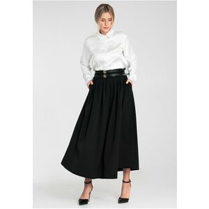 Fusta evazata midi - neagra - cu curea - buzunare laterale - poliester - imagine