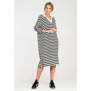 Rochie eleganta alb-negru - cu guler - din tricot elastic - lungime pana la genunchi - viscoza/nylon - imagine