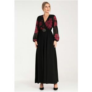Rochie maxi neagra cu flori rosii - din poliester - cu maneci lungi - imagine