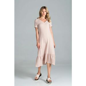 Rochie midi bej din bumbac cu volane si maneci scurte - imagine