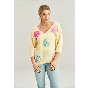 Pulover dama galben - floral - decolteu in V - acrilic - imagine