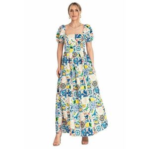 Rochie decolteu patrat - maneci bufante - albastra - bumbac/elastan - imagine