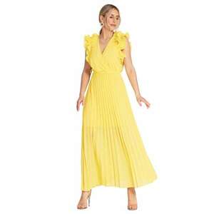 Rochie maxi plisata - galben - maneci cu volane - viscoza/elastan/poliester - imagine