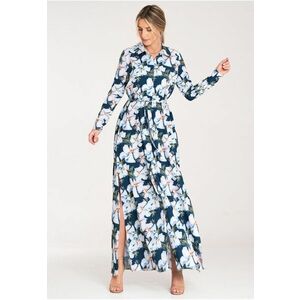 Rochie maxi - cu nasturi - albastru floral - poliester - imagine
