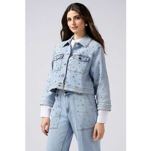 Jacheta crop din denim cu aplicatii cu strasuri imagine
