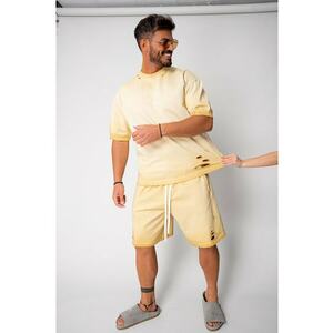Set tricou si pantalon scurt cu efect distressed Light Yellow 16986 imagine