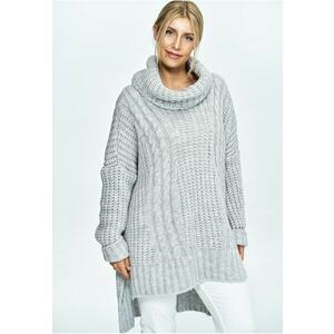 Pulover supradimensionat gri - tricotat - cu guler inalt - material moale si rezistent - imagine
