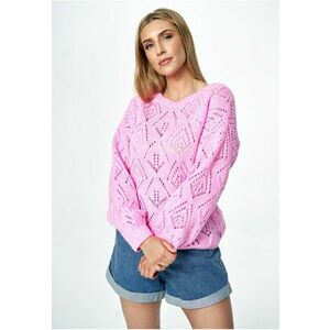 Pulover supradimensionat roz - cu decolteu tip barca - model ajurat - din amestec de lana - imagine
