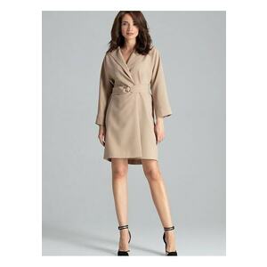 Rochie frac bej - simpla - cu revere clasice - curea decorativa - poliester - imagine