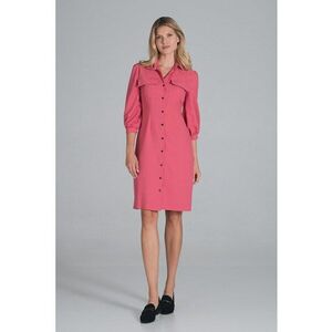 Rochie camasa maneci bufante 3/4 - culoare coral - poliester imagine