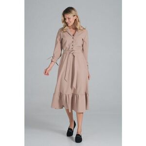 Rochie midi bej cu curea - maneci lungi - poliester 100% - imagine