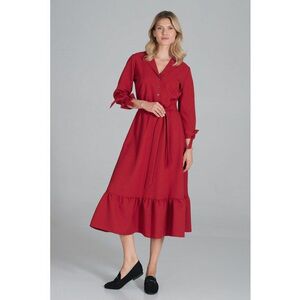 Rochie midi rosie - poliester - cu curea - volane - imagine