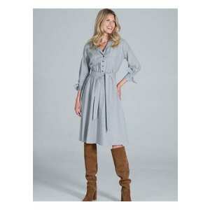 Rochie midi de zi - gri - cu decolteu in V - maneci 7/8 - din bumbac si poliester imagine