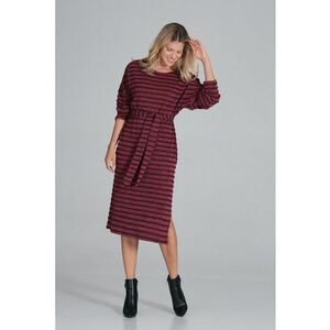 Rochie midi cu dungi - maneci lungi - visiniu - poliester - imagine