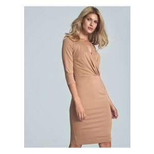 Rochie midi casual - bej - cu decolteu plic - cusuta cu pliuri - viscoza - poliester imagine