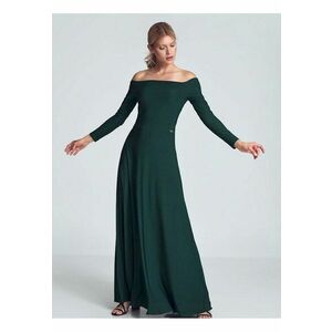 Rochie maxi verde - cu maneci lungi - decolteu mare - pliuri in zona pieptului - cusuta in talie - elastan 5% - poliester 95% imagine