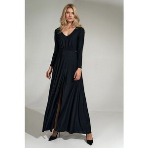Rochie maxi neagra - eleganta - cu fanta - din poliester si elastan imagine