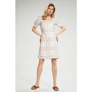 Rochie de vara M704 - ecru cu accente multicolore - poliester - decolteu patrat - maneci scurte imagine