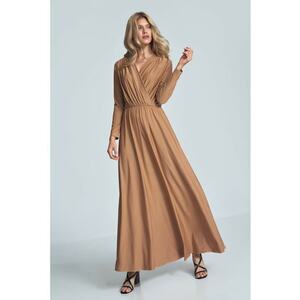 Rochie maxi bej - maneci lungi - decolteu plic - poliester imagine