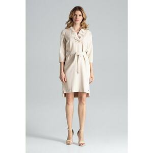Rochie eleganta - bej - cu volan pe decolteu - legata cu curea - poliester imagine