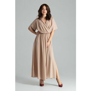 Rochie lunga L055 - eleganta - cu talie elastica - bej - poliester 100% imagine