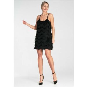 Rochie cu franjuri - neagra - eleganta - fara maneci - din poliester - imagine