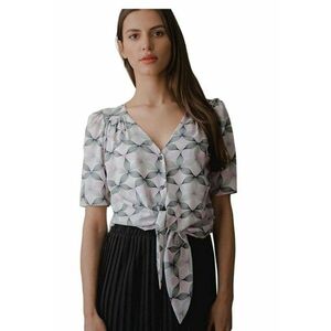 Camasa scurta - cu decolteu in forma de inima - maneci scurte plisate - multicolor - poliester imagine