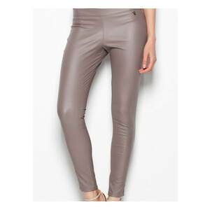 Pantaloni dama eleganti - bej - imitatie de piele - cu fermoar lateral - imagine