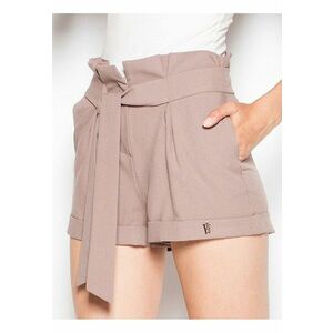 Pantaloni scurti dama bej - talie cu centura - buzunare laterale - poliester - imagine