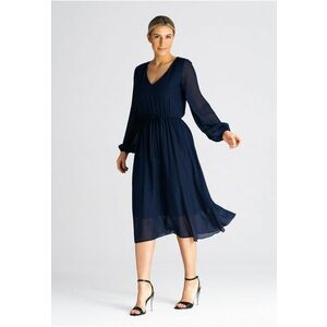 Rochie midi evazata - bleumarin - cu maneci bufante - poliester imagine