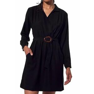 Rochie neagra - cu volane si curea - din poliester - pentru femei - imagine
