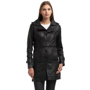 Geaca din piele lunga - neagra - pentru femei - curea in talie - imagine