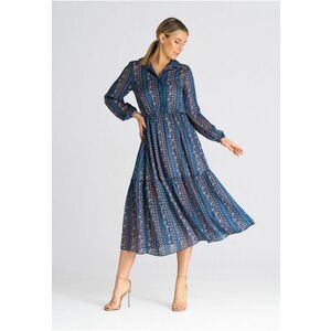 Rochie maxi M942 - florala - albastru - cu maneca lunga - din poliester - imagine