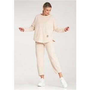 Set trening dama hanorac asimetric - pantaloni conici - bej - bumbac/poliester - imagine