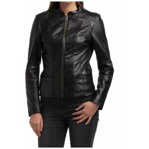 Geaca de piele - neagra - croiala clasica - cu doua buzunare - pentru femei - imagine