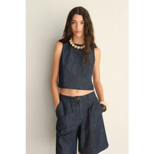 Top crop din denim cu decolteu la baza gatului imagine