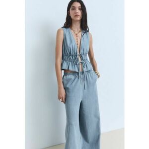 Top din denim cu cordon in talie - Albastru prafuit - imagine