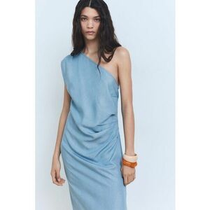 Rochie din lyocell cu slit lateral si decolteu pe un umar - Albastru pastel - imagine