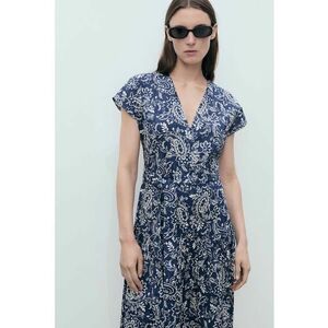 Rochie cu imprimeu floral si decolteu in V - Albastru inchis - Crem - imagine