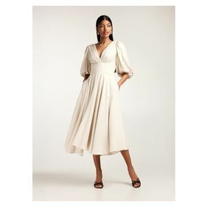 Rochie midi bej din in cu drapaje si maneci bufante Swan imagine