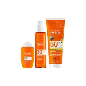 Pachet Avène – Fluid protectie solara fata Ultra Radiance SPF 50+ - 50 ml + Ulei satinat protectie solara SPF 30 - 200 ml + Lotiune protectie solara copii SPF 50+ - 250 ml imagine