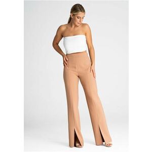 Pantaloni dama M955 - eleganti - talie inalta - cu crapaturi - maro - poliester - imagine