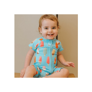 Pijamale scurte din bambus cu fermoar reversibil - Shortie - Lolly - Bleu cu model inghetata - pentru fetite sau baietei imagine