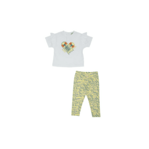 Set 2 piese: tricou si colanti imprimati inimioare - Keep Going - Alb si Galben - pentru fetite imagine
