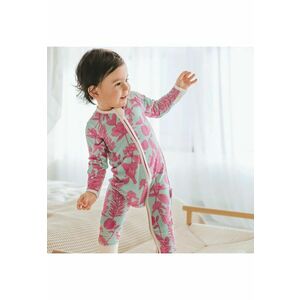 Pijamale lungi din bambus cu fermoar reversibil - - SongBird - Turcoaz cu floricele Roz - pentru fetite imagine