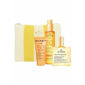 Pachet Summer Essentials – Crema protectie solara fata SPF 50 - 50 ml + Ulei bronzant anti-age SPF 50 - 150 ml + Ulei uscat multifunctional Huile Prodigieuse - 50 ml + portfard textil alb-galben imagine