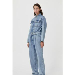 Salopeta din denim cu maneci lungi si cordon in talie imagine