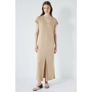 Rochie din amestec de modal cu croiala dreapta si slit frontal imagine